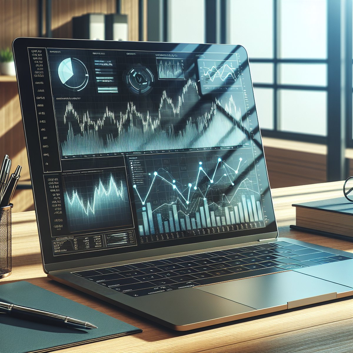Laptop Financial Charts Diversified Portfolio Wooden Desk
