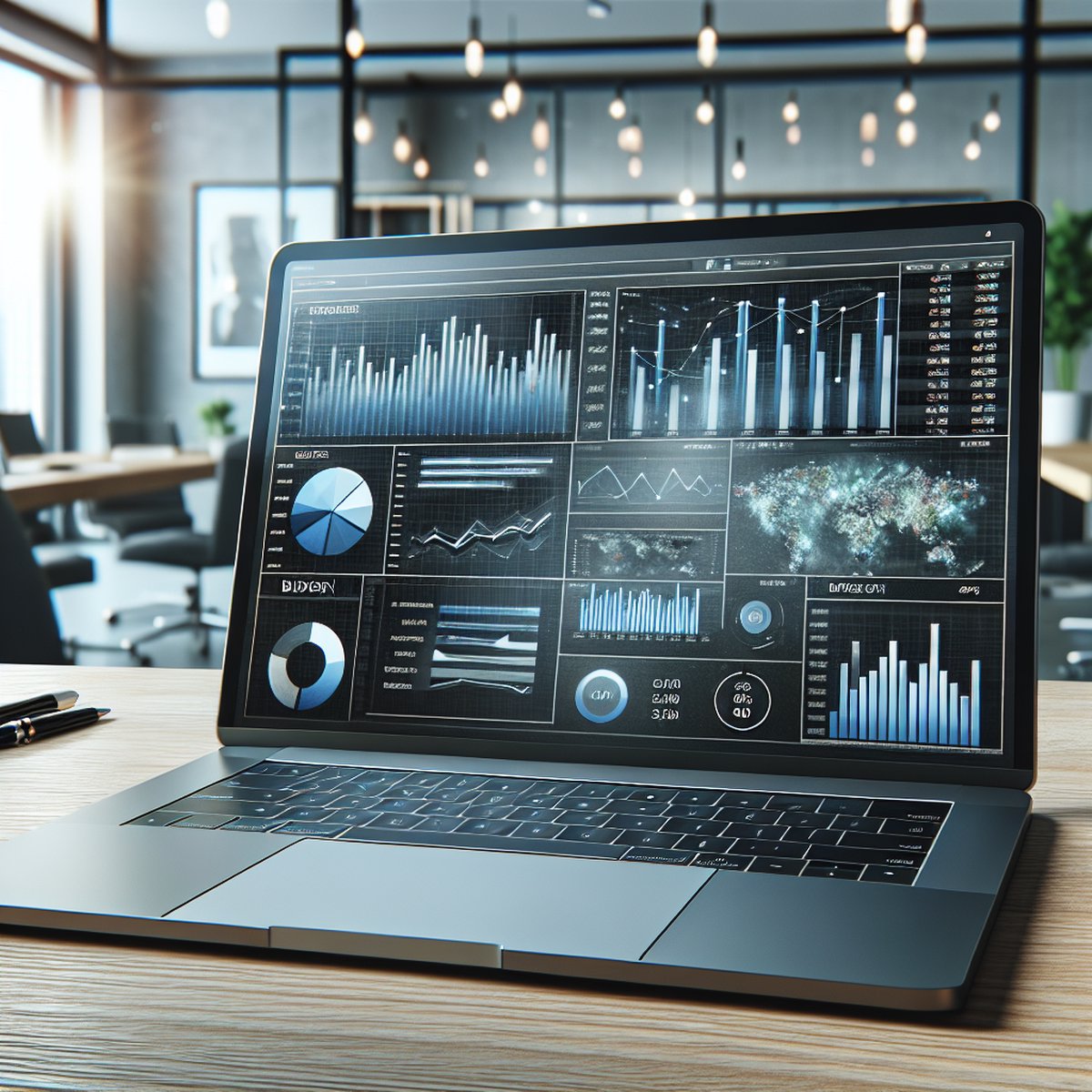 Laptop Financial Charts Budget Analysis Wooden Desk