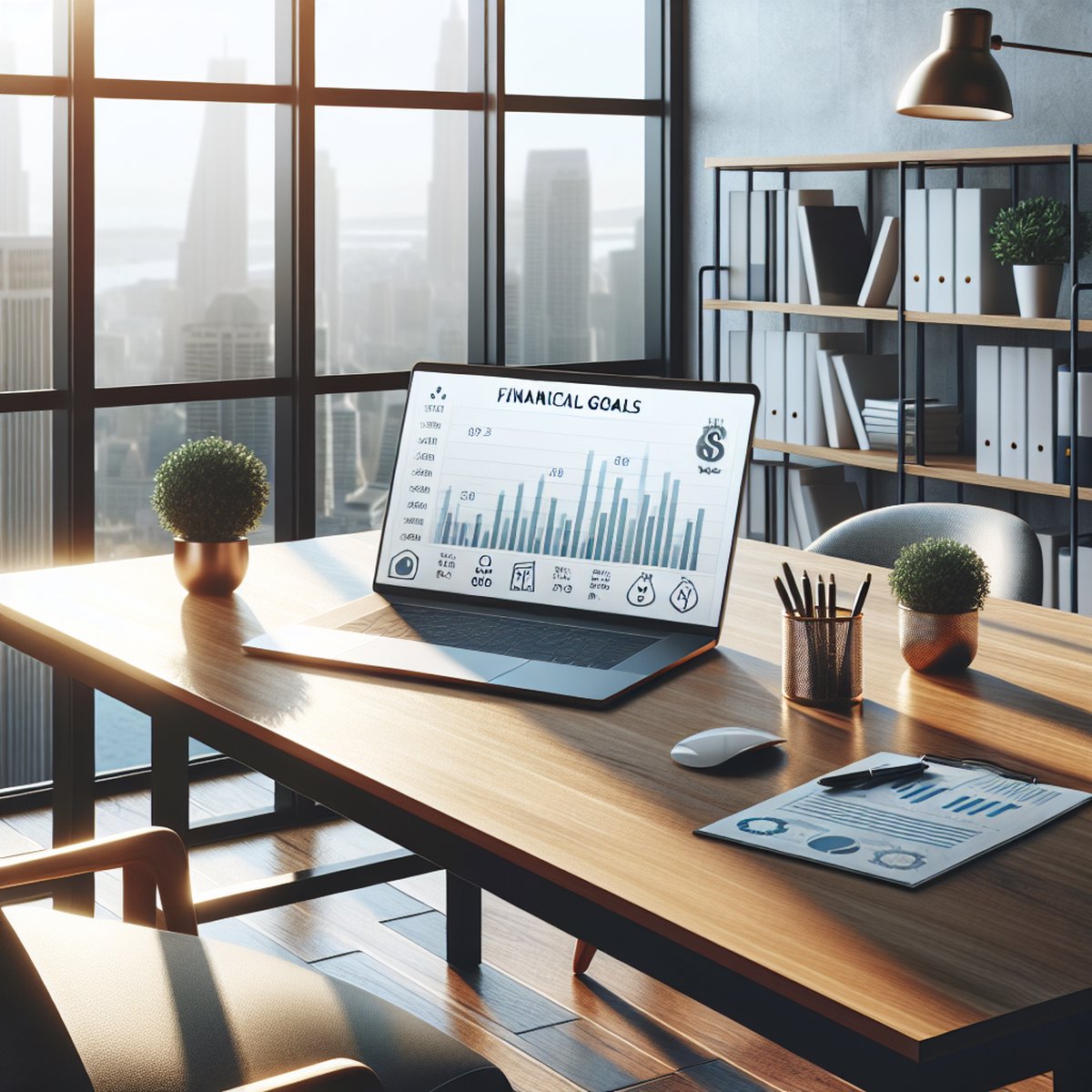 Laptop Financial Goals Chart Wooden Desk