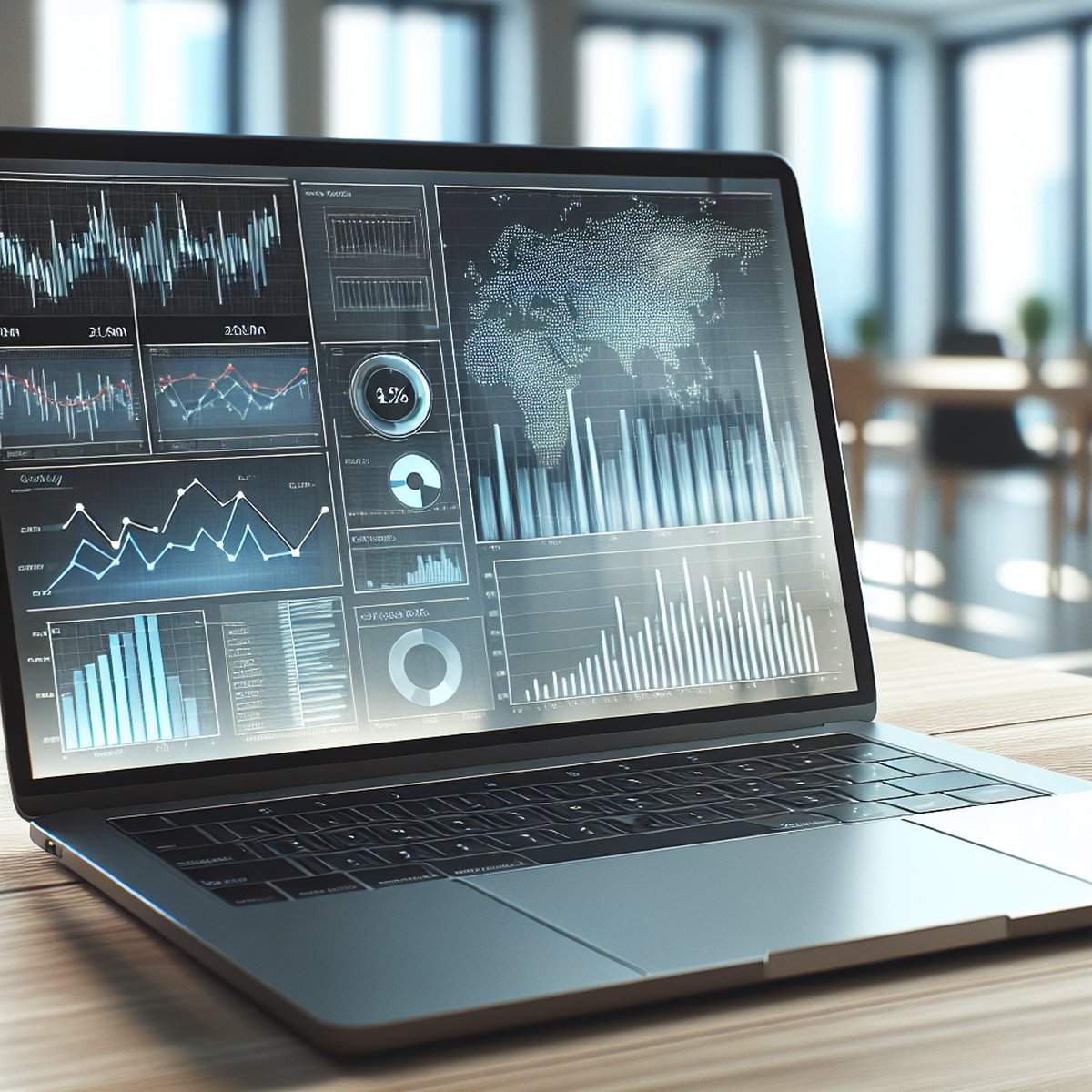 Modern Laptop Financial Charts Wooden Desk