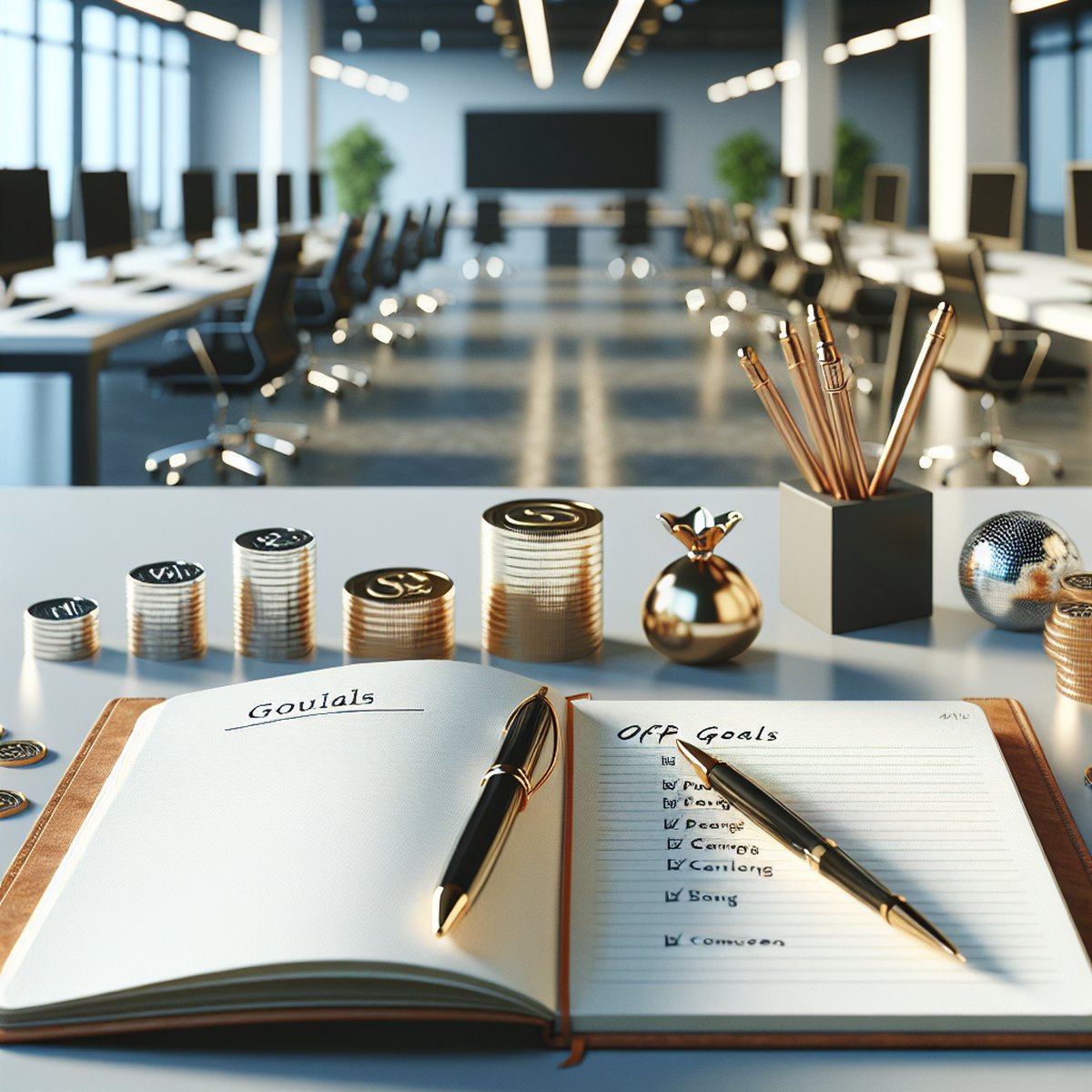Notebook Financial Goals Pen Coins Desk
