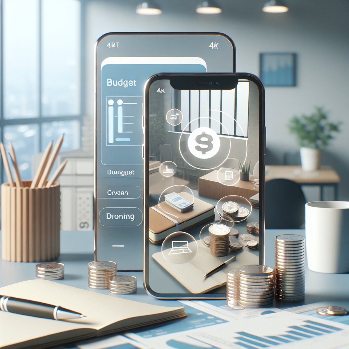 Smartphone Budget App Coins Notebook Desk